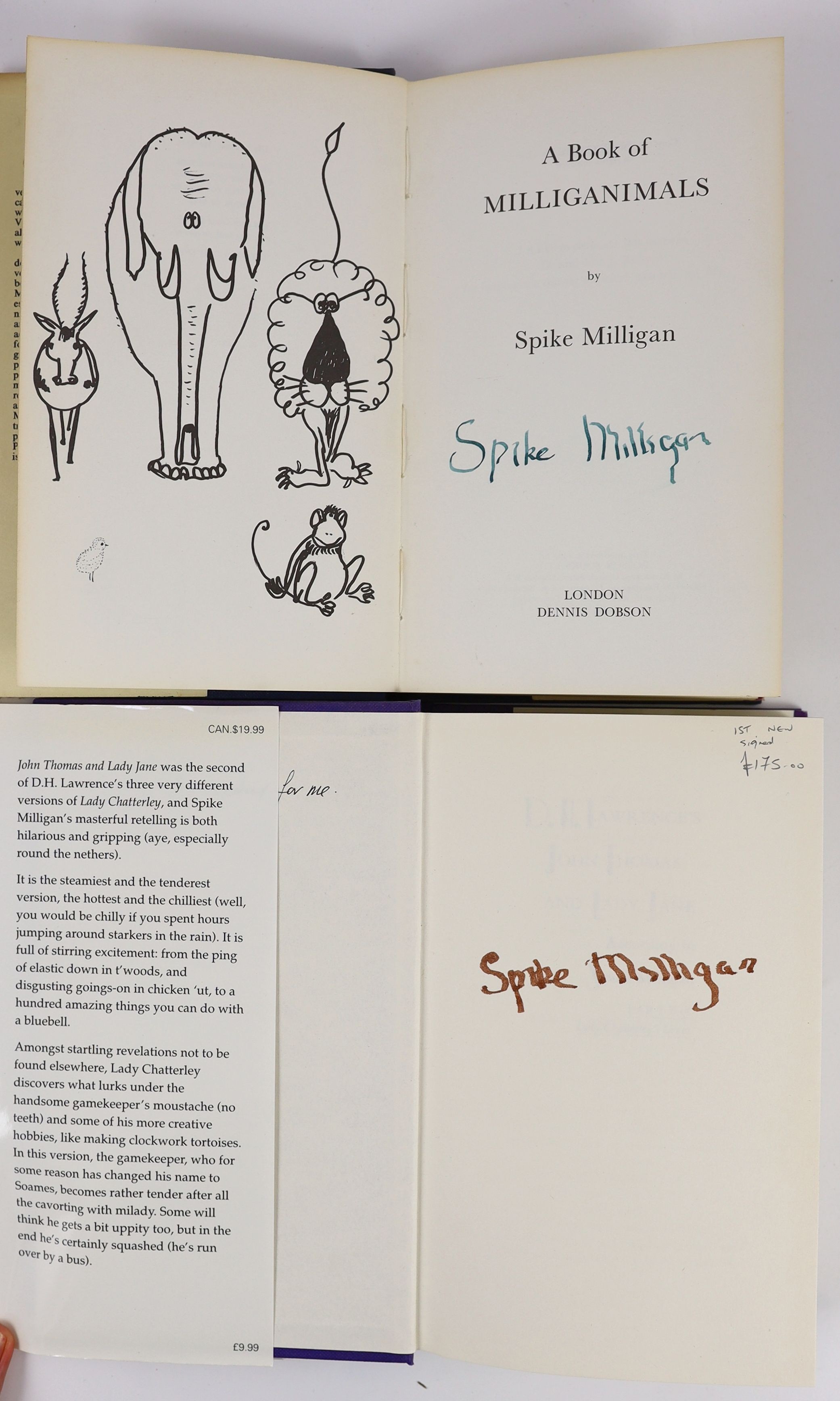 Milligan, Spike - D. H. Lawrence’s John Thomas & Lady Jane according to Spike Milligan. 1st ed. Signed on fly leaf. Publishers cloth with letters direct on spine, original pictorial d/j. 8vo. Michael Joseph, London, 1995